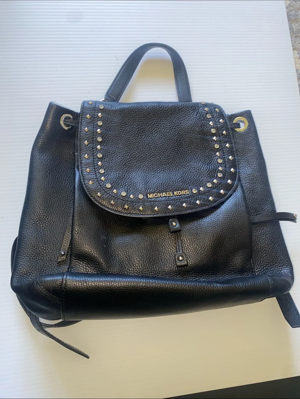 Michael Kors Riley Black Pebbled Leather Studded Backpack. - Picture 1 of 14